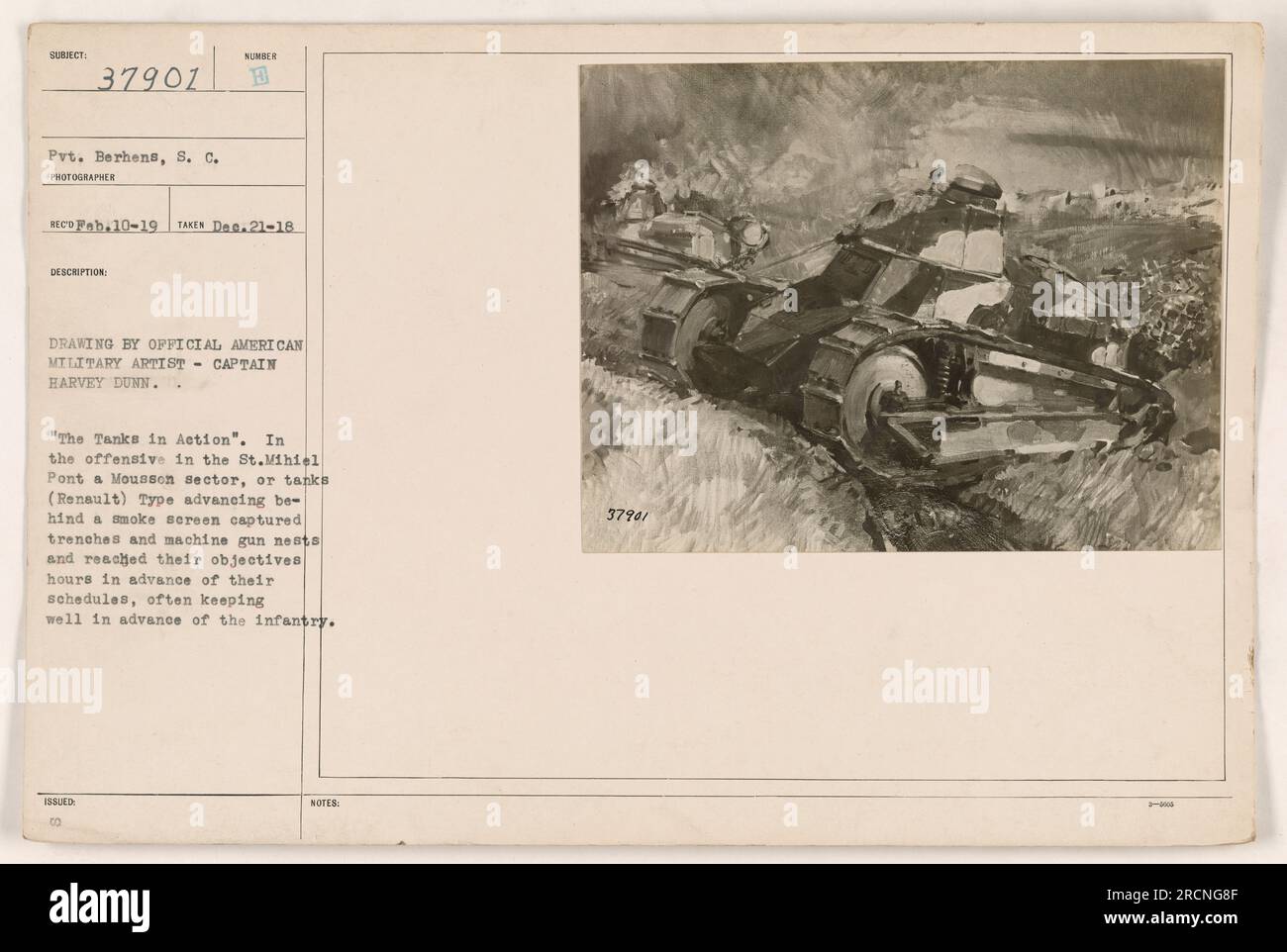 Pvt. Berhens ist auf diesem Foto zu sehen, das am 21. Dezember 1918 aufgenommen wurde. Es wurde von Captain Harvey Dunn gezeichnet, einem offiziellen amerikanischen Militärkünstler. Das Bild zeigt Renault Type-Tanks, die sich während der Offensive in der St. Mihiel Pont, ein Mousson-Sektor. Diese Panzer eroberten erfolgreich Gräben und Nester von Maschinengewehren und erreichten ihre Ziele oft früher als geplant und blieben der Infanterie voraus. Dieses Bild stammt aus der Sammlung „The Tanks in Action“. Stockfoto
