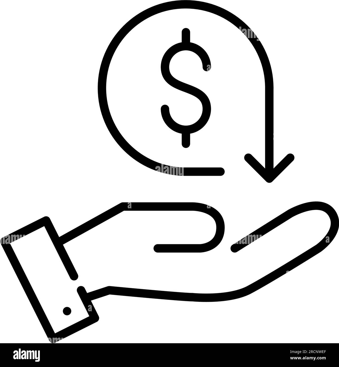 Cash-Back-Symbol. Die Hand hält ein Dollarzeichen mit dem Pfeil zum erneuern. Pixelgenaue, bearbeitbare Kontur Stock Vektor