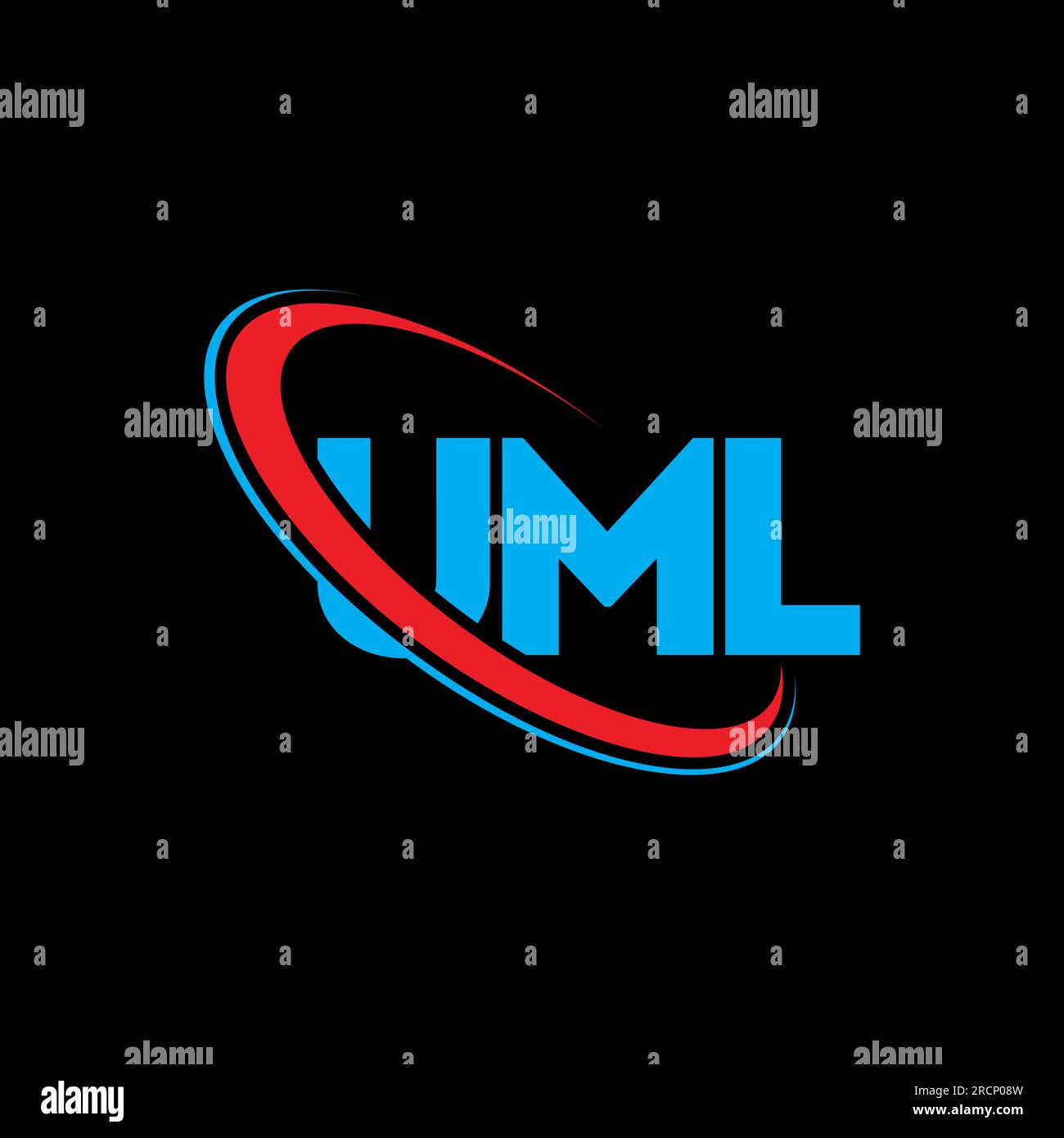 UML-Logo. UML-Buchstabe. Logo mit UML-Buchstaben. Initialen UML-Logo, verbunden mit einem Kreis und einem Monogramm-Logo in Großbuchstaben. UML-Typografie für Technologie, Unternehmen Stock Vektor