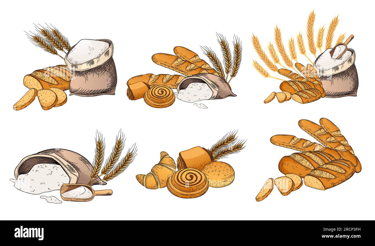 Sammlung von farbigen handgezeichneten Skizzen Mehlsäcke Brot und süße leckere Brötchen Vektorillustration isoliert auf weißem Hintergrund Stock Vektor