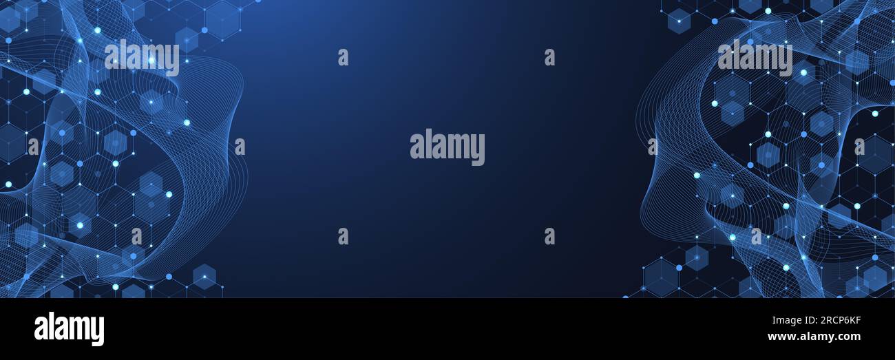 Moderner abstrakter wissenschaftlicher Hintergrund mit sechseckigen Formen, Linien und Punkten. Innovatives Konzeptdesign mit Sechsecken und Wellenfluss. Molekularstruktur Stockfoto