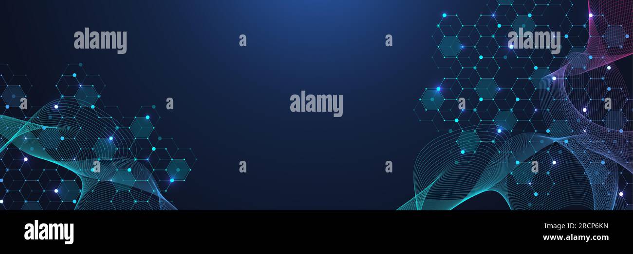 Moderner abstrakter wissenschaftlicher Hintergrund mit sechseckigen Formen, Linien und Punkten. Innovatives Konzeptdesign mit Sechsecken und Wellenfluss. Molekularstruktur Stockfoto