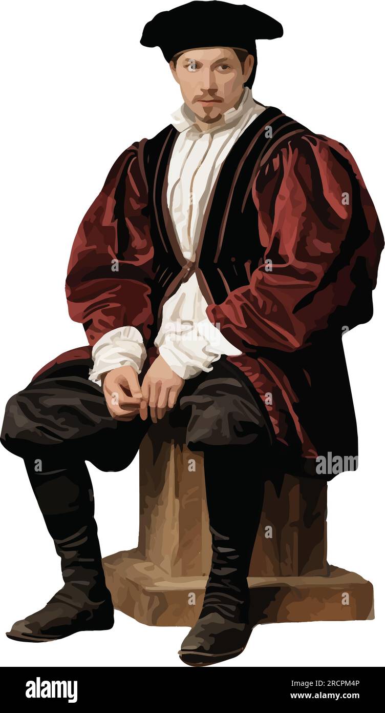 Vektor eines Tudor-Mannes, der auf einer Bank sitzt, Mode aus dem 16. Jahrhundert. Stock Vektor