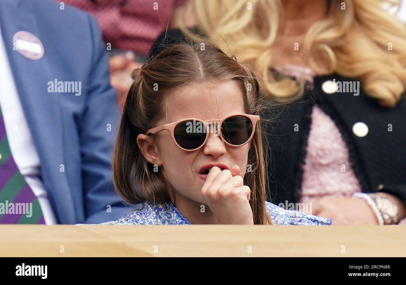 Prinzessin Charlotte in der königlichen Box am 14. Tag der Wimbledon-Meisterschaft 2023 im All England Lawn Tennis and Croquet Club in Wimbledon. Foto: Sonntag, 16. Juli 2023. Stockfoto