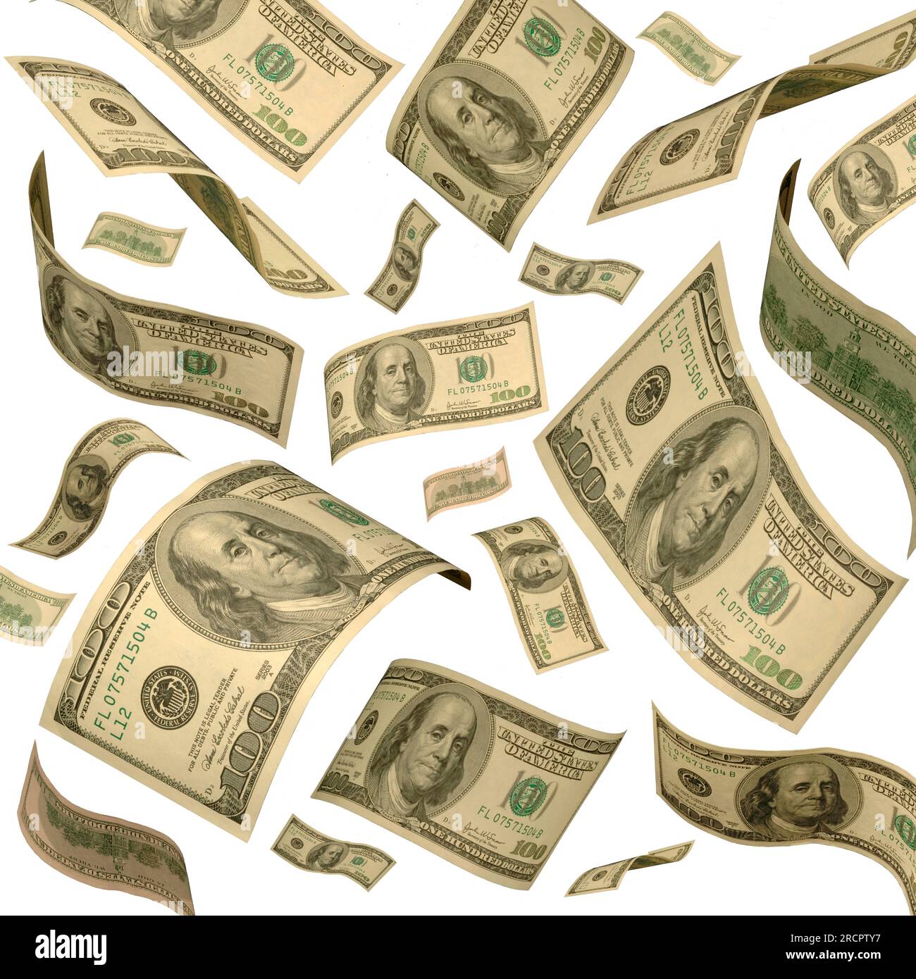 100-Dollar-Scheine schwebend vor weißem Hintergrund Stockfoto