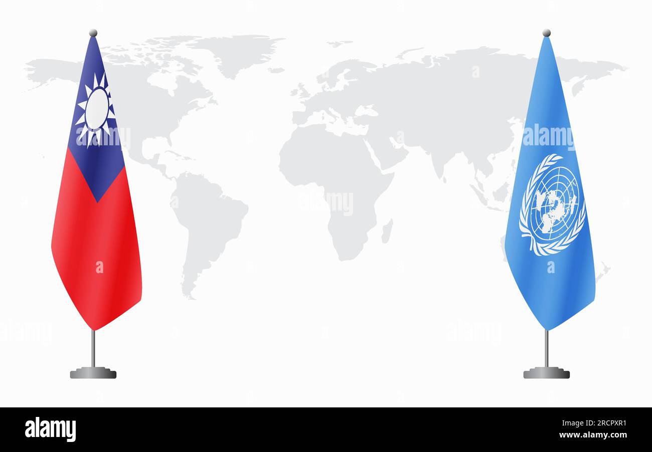 Taiwan und UN-Flaggen für offizielle Tagungen vor dem Hintergrund der Weltkarte. Stock Vektor