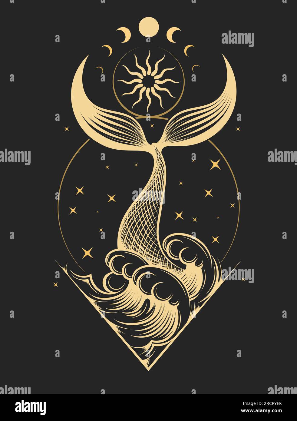 Esoterisches kosmologisches Emblem von Fischschwanz, das aus den Wellen des Ozeans spritzt, und Mondmagie, isoliert auf Weiß. Vektordarstellung Stock Vektor
