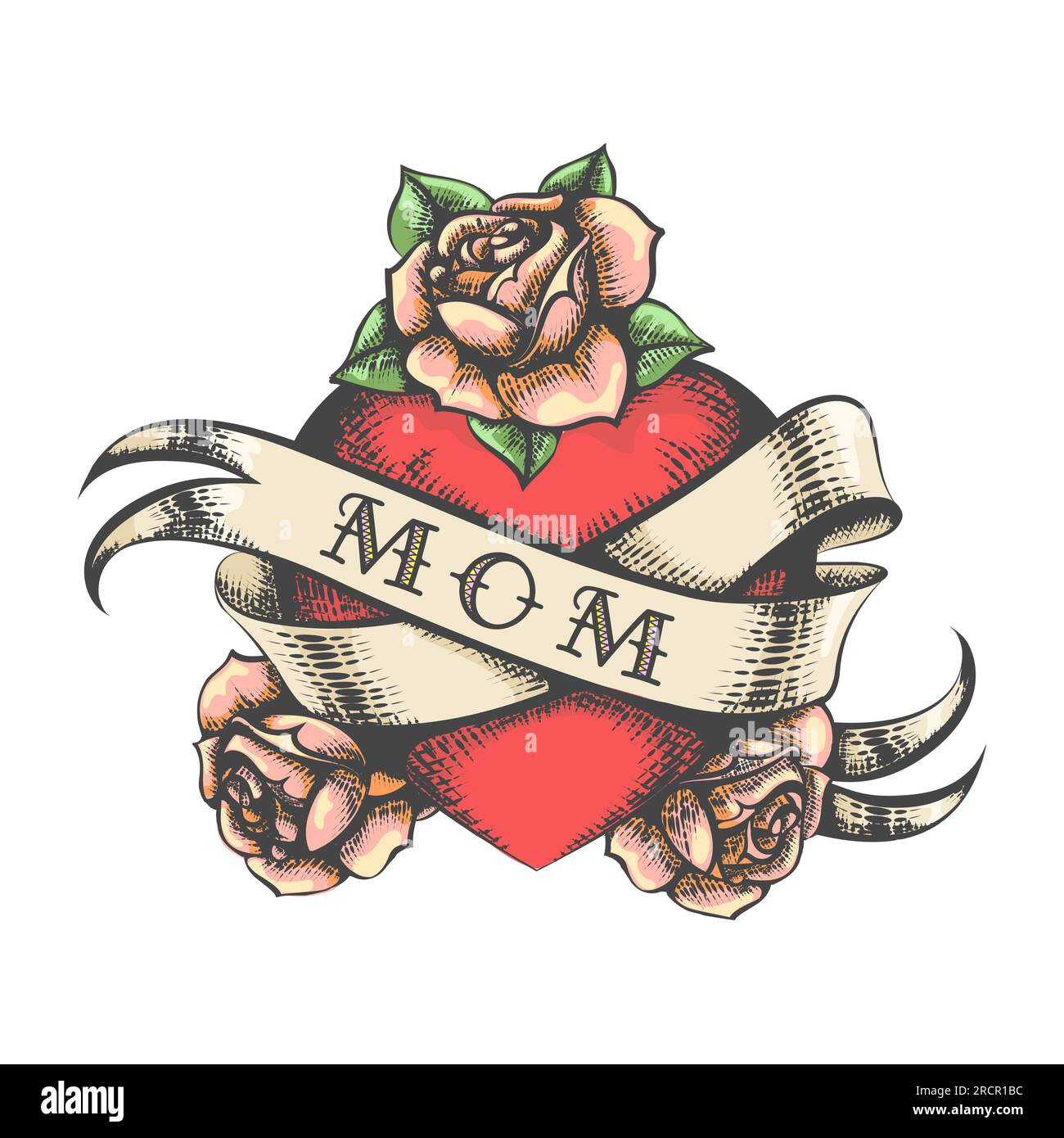 Herz mit Rosenblumen und Band mit Text Mom Gravur Tattoo isoliert auf Weiß. Vektordarstellung Stock Vektor
