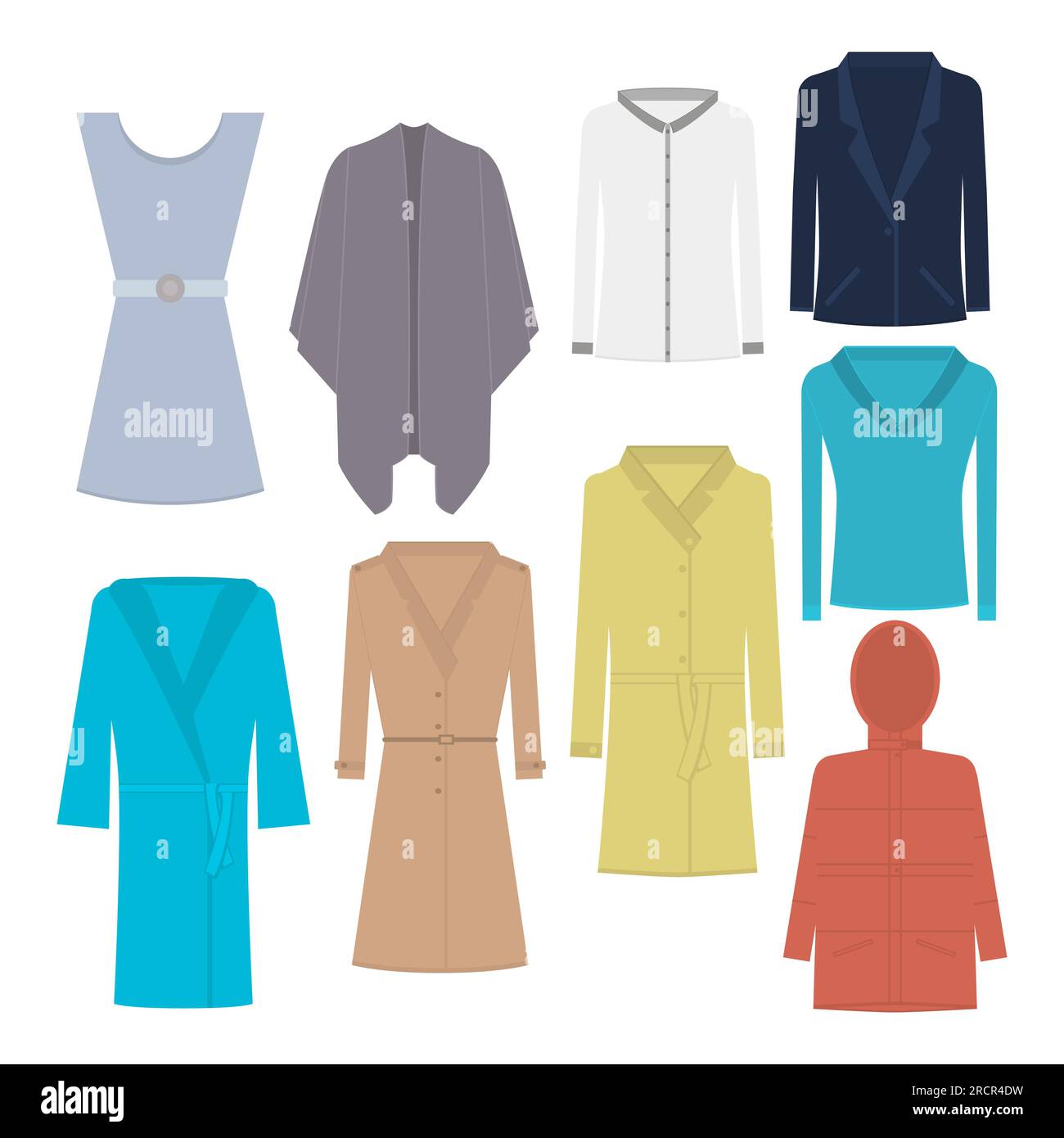 Set aus Damenbekleidung, Bekleidung, Bekleidung. Vektorabbildungen. Hemd, Kleid, Poncho, Blazer, Bluse, bademantel, Mantel, Mantel, Jacke. Stock Vektor