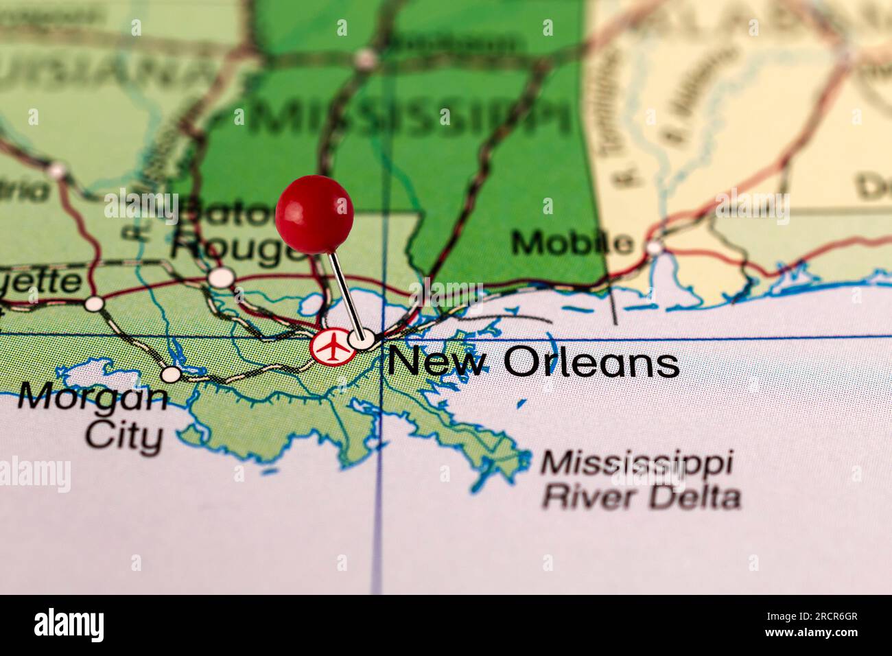 Karte von New Orleans. New Orleans Landkarte. Nahaufnahme der Karte von New Orleans mit roter Nadel. Karte mit rotem Punkt von New Orleans in den USA. Louisiana. Stockfoto