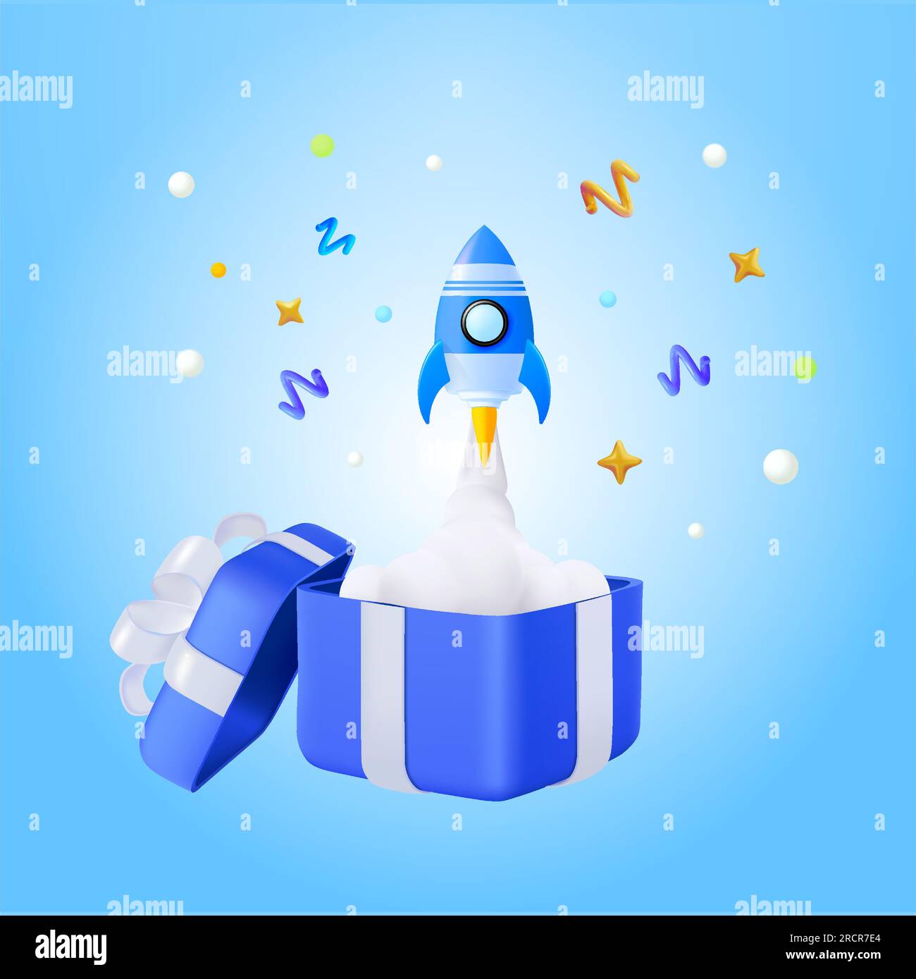 3D geöffnete Geschenkbox mit Abschussrakete, Rauch, Konfetti-Effekt, isoliert im Hintergrund. Konzept für Startup, Rang Up, Leistungssteigerung, Lösung, Werbung, Marketing. 3D-Vektordarstellung. Vektordarstellung Stock Vektor