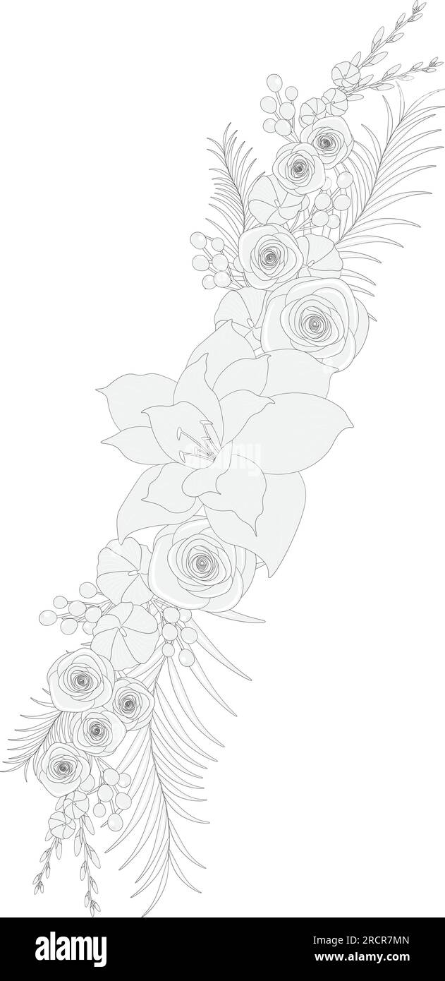 Vektordarstellung der Zusammensetzung schwarzer und weißer Blüten, Knospen und Blätter Stock Vektor