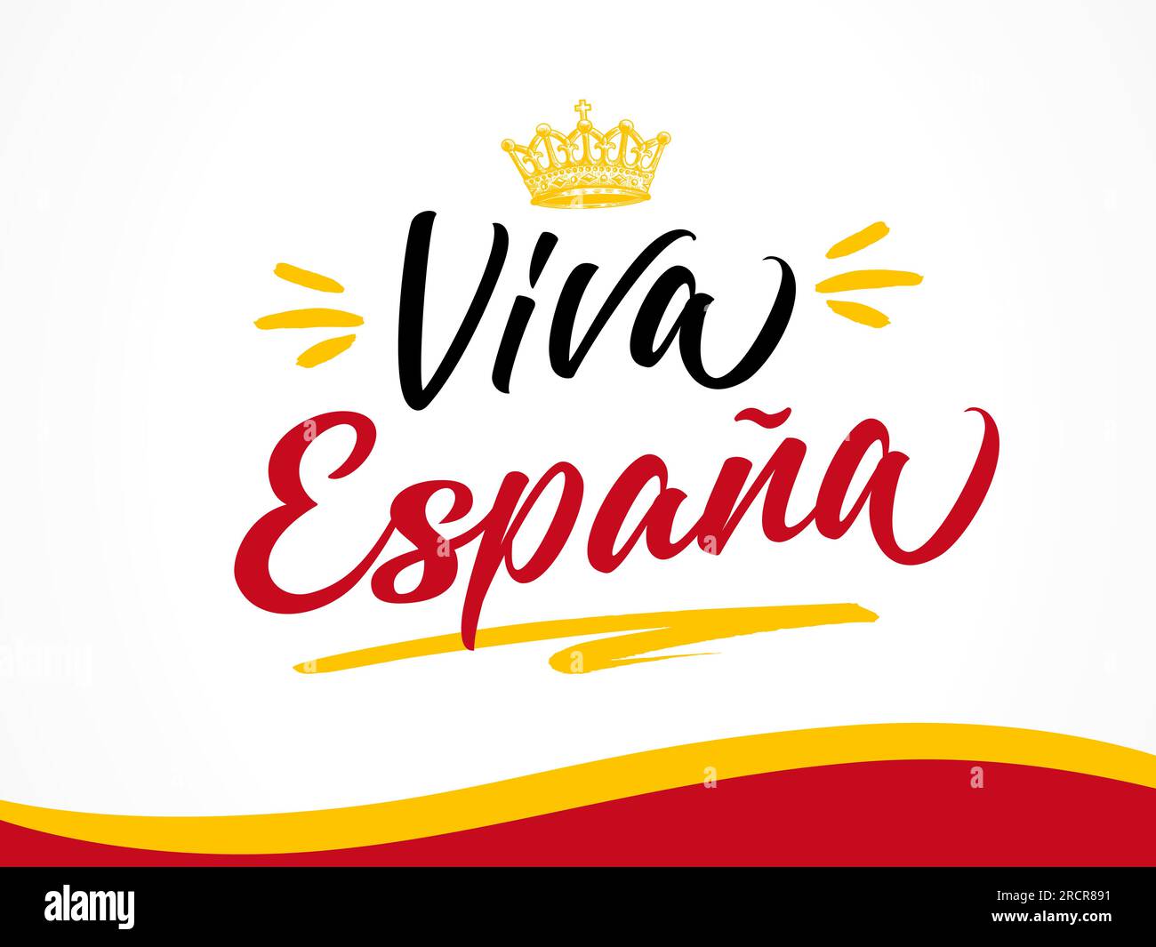 Viva Espana Schriftzug und wellige Flagge. Spanischer Text – lang lebe Spanien. Grußkarte für Nationalfeiertag oder T-Shirt-Design. Vektordarstellung Stock Vektor