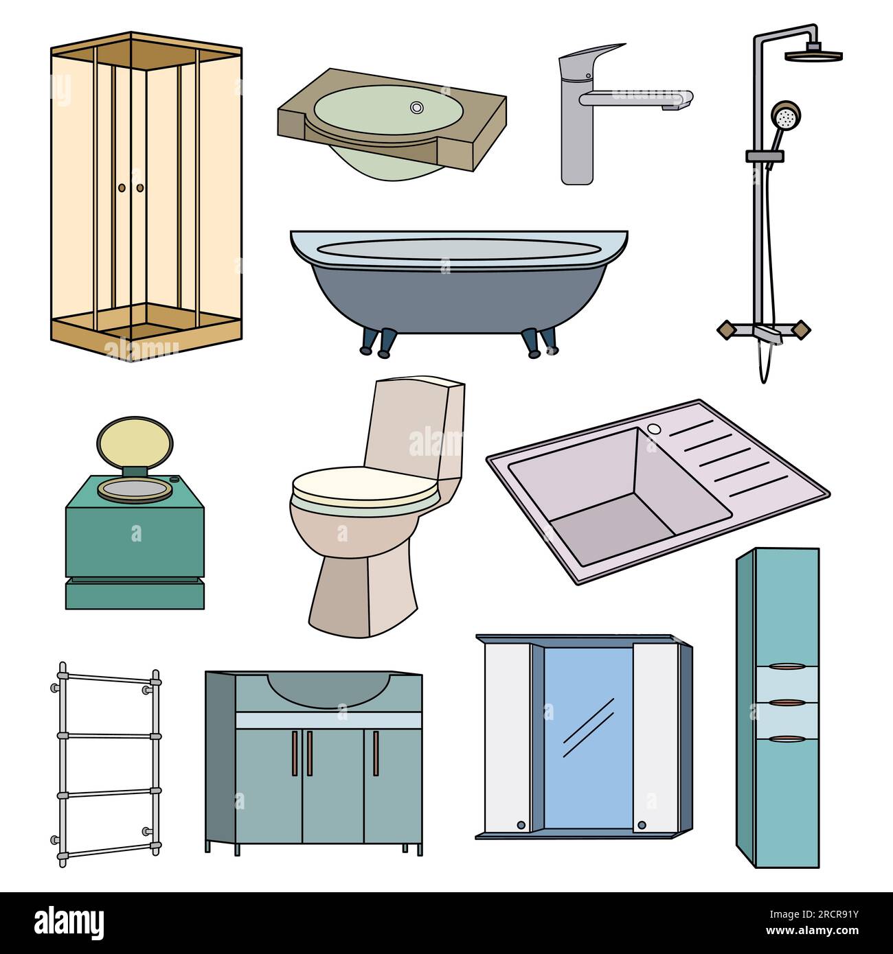 Farbige Symbole für Bad und Toilette. Sanitärartikel und Möbel für Badezimmer, Toilette, Küche. 3D Abbildung mit separaten Themen. Stock Vektor