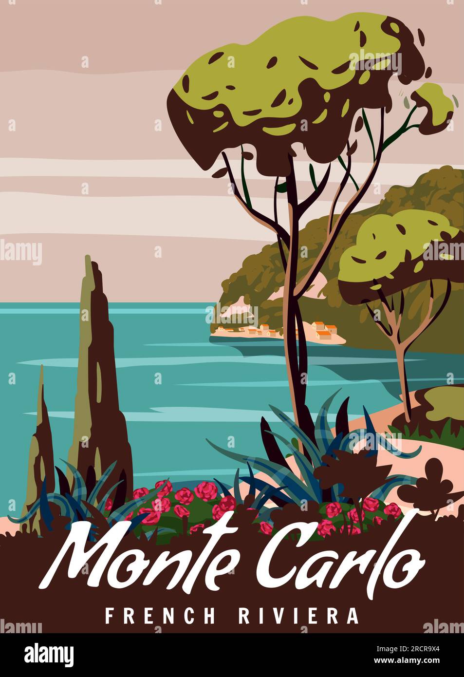 Monte Carlo – Poster „Französische Riviera Retro“. Blick auf die tropische Küste, Palmen, mediterranes Meer Stock Vektor