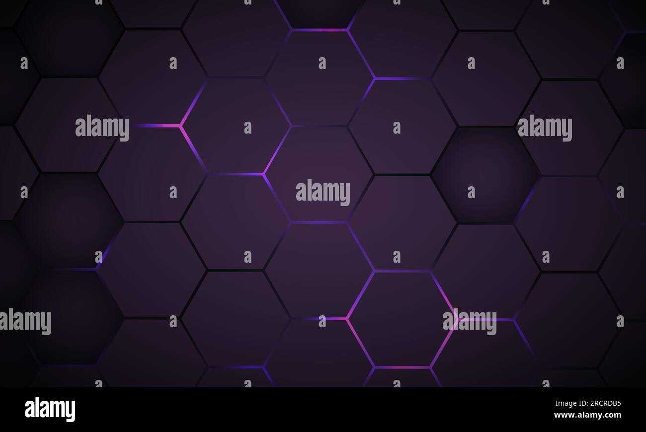 Dunkelviolette sechseckige Gaming-Technologie abstrakter Hintergrund mit violetten und pinkfarbenen, hellen Blitzen. Stock Vektor