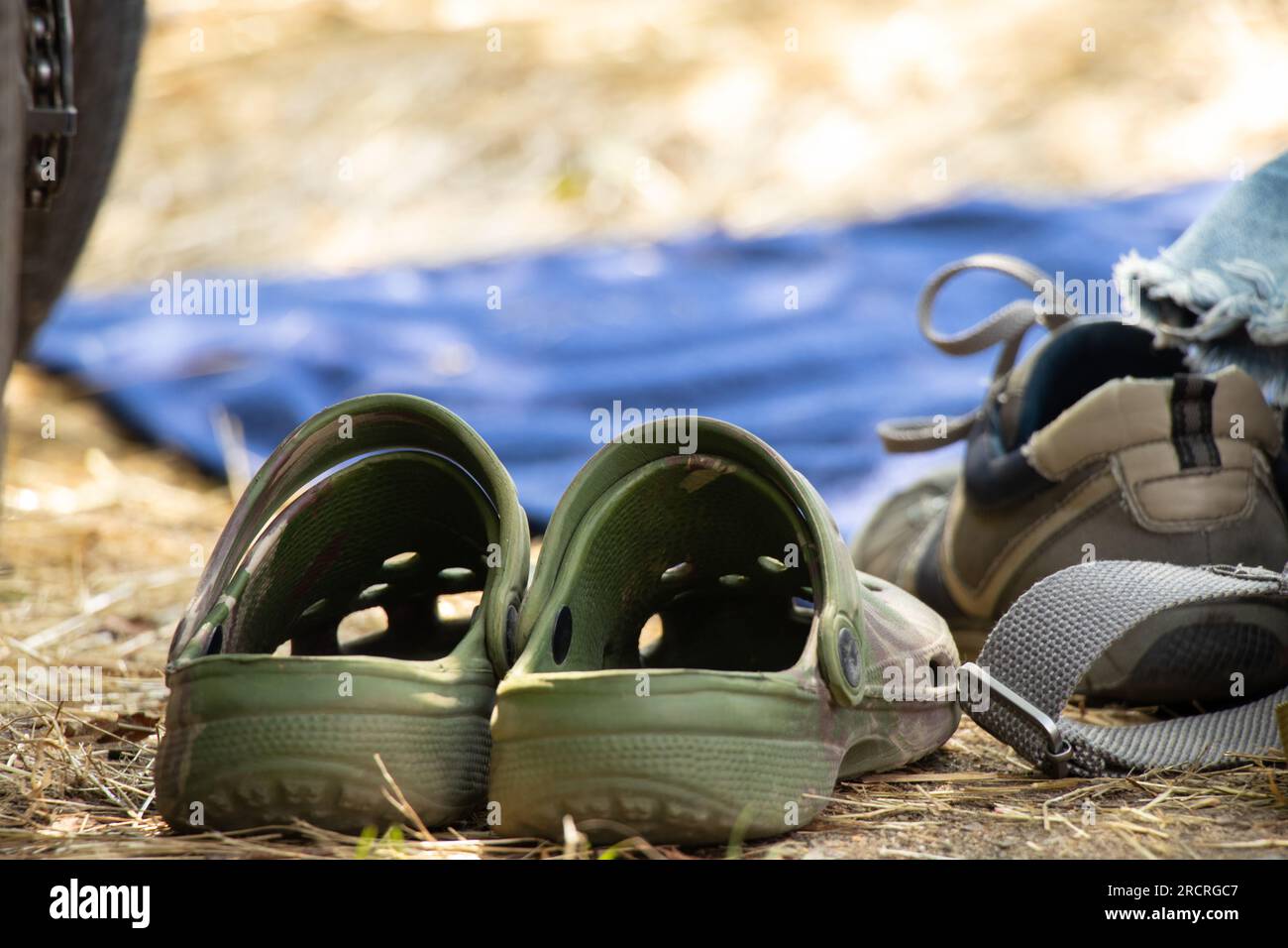 Grüne Flugschuhe aus Gummi stehen im Sommer in Naturparks auf Urlaub in der Ukraine, Lifestyle und Freizeit, Mode Stockfoto