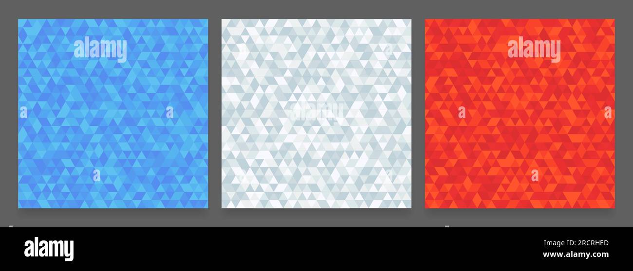 Abstraktes geometrisches Dreiecksmuster festgelegt. Drei Ausführungen: Rot, weiß und blau. Helle nahtlose Struktur, moderner Hintergrund. Stock Vektor