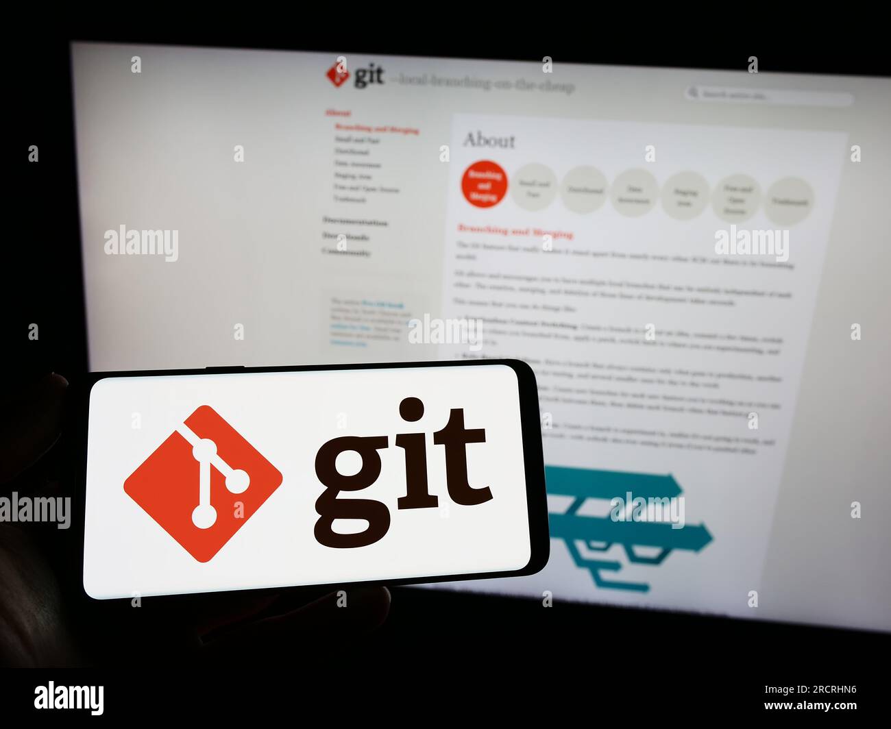 Person, die ein Smartphone mit dem Logo des verteilten Versionskontrollsystems Git auf dem Bildschirm vor der Website hält. Konzentrieren Sie sich auf das Display des Telefons. Stockfoto