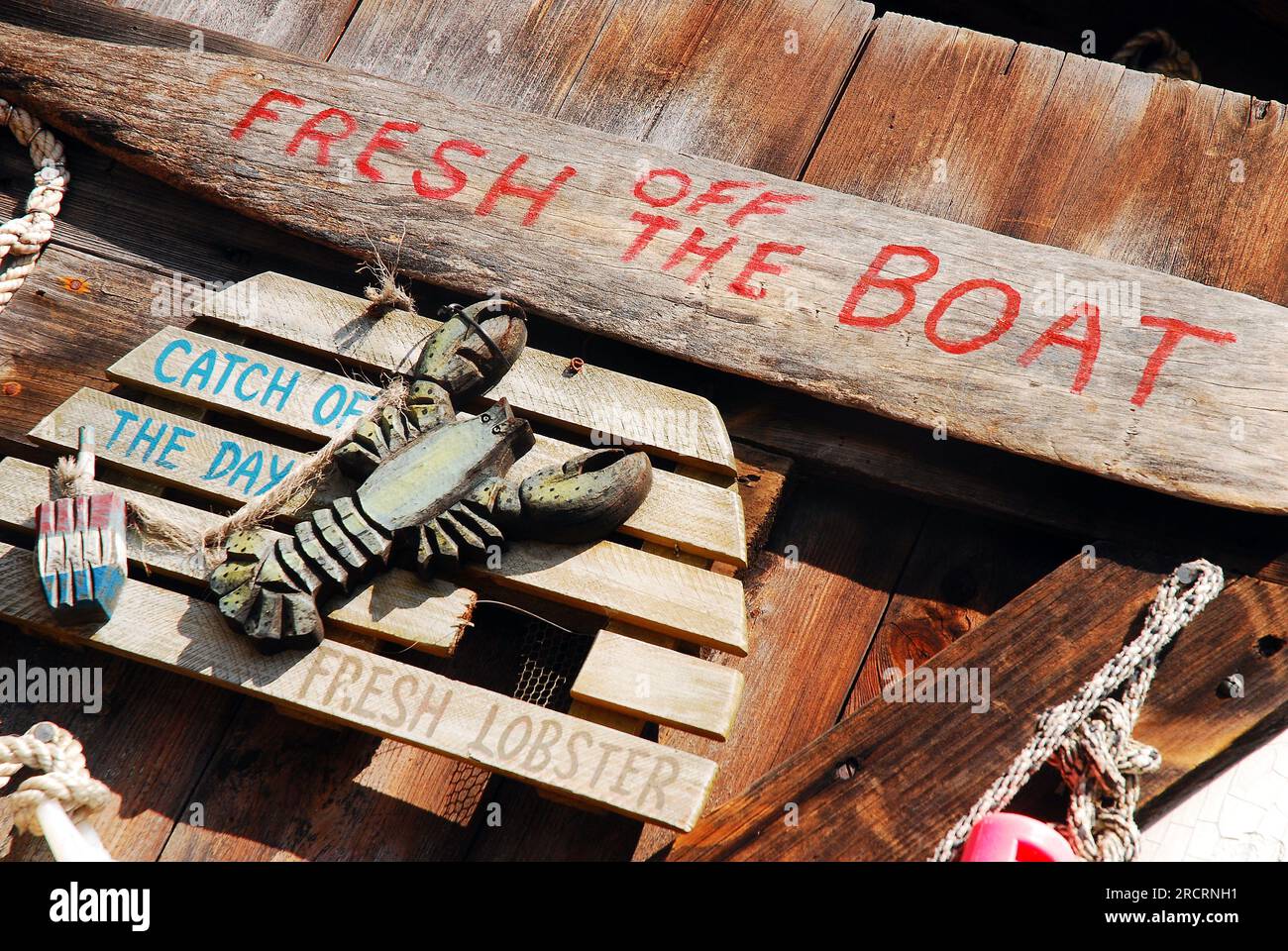Eine Hummerhütte in Maine ist mit altem Fischfang dekoriert, und Hummer-Werkzeug informiert die Gäste über die frischen Meeresfrüchte vom Wildschwein Stockfoto