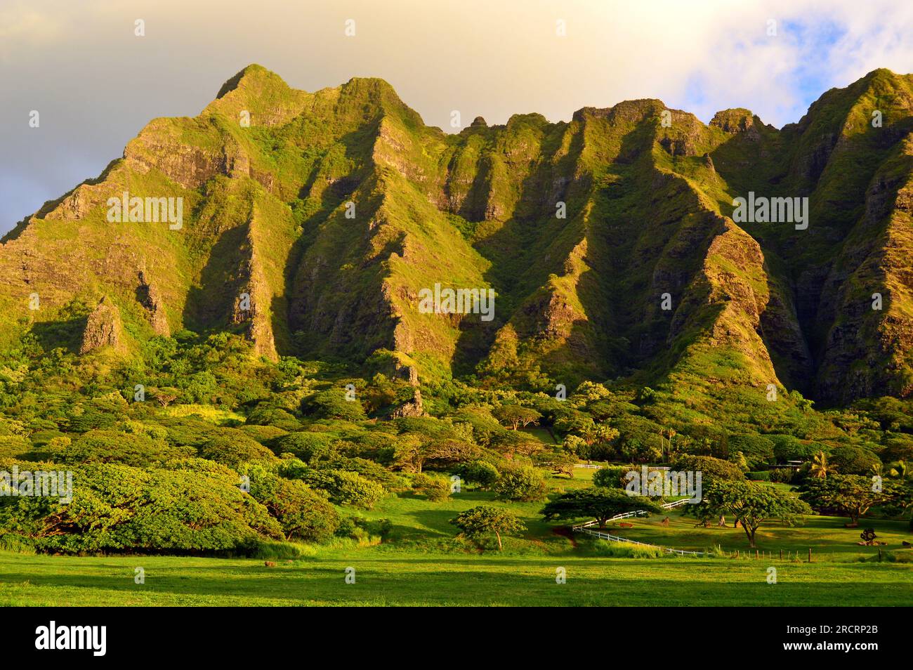 Die schroffen Berge der hawaiianischen Inseln erheben sich über fruchtbaren Farmen Stockfoto