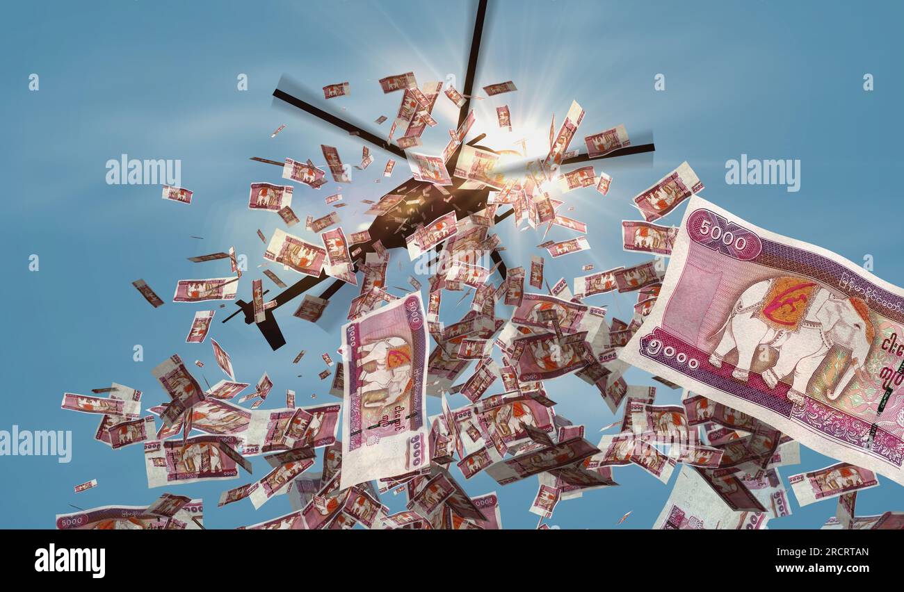 Myanmar Kyat hat Geld im Helikopter verloren. Birma MMK 5000 notiert Abstract 3D Konzept von Inflation, Gelddruck, Finanzen, Wirtschaft, Krise und Stockfoto
