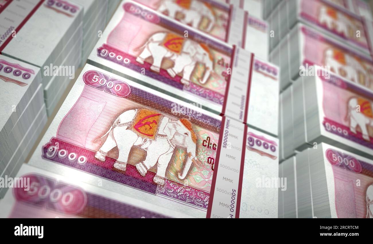 Myanmar Money Birma Kyat Money Pack 3D Illustration. 5000-MMK-Banknotenbündel. Finanzkonzept, Bargeld, Wirtschaftskrise, Geschäftserfolg, Rce Stockfoto