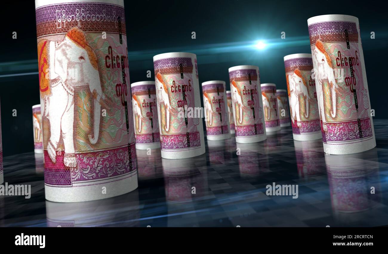 Myanmar Money Birma Kyat Money Pack 3D Illustration. 5000-MMK-Banknotenbündel. Finanzkonzept, Bargeld, Wirtschaftskrise, Geschäftserfolg, Rce Stockfoto