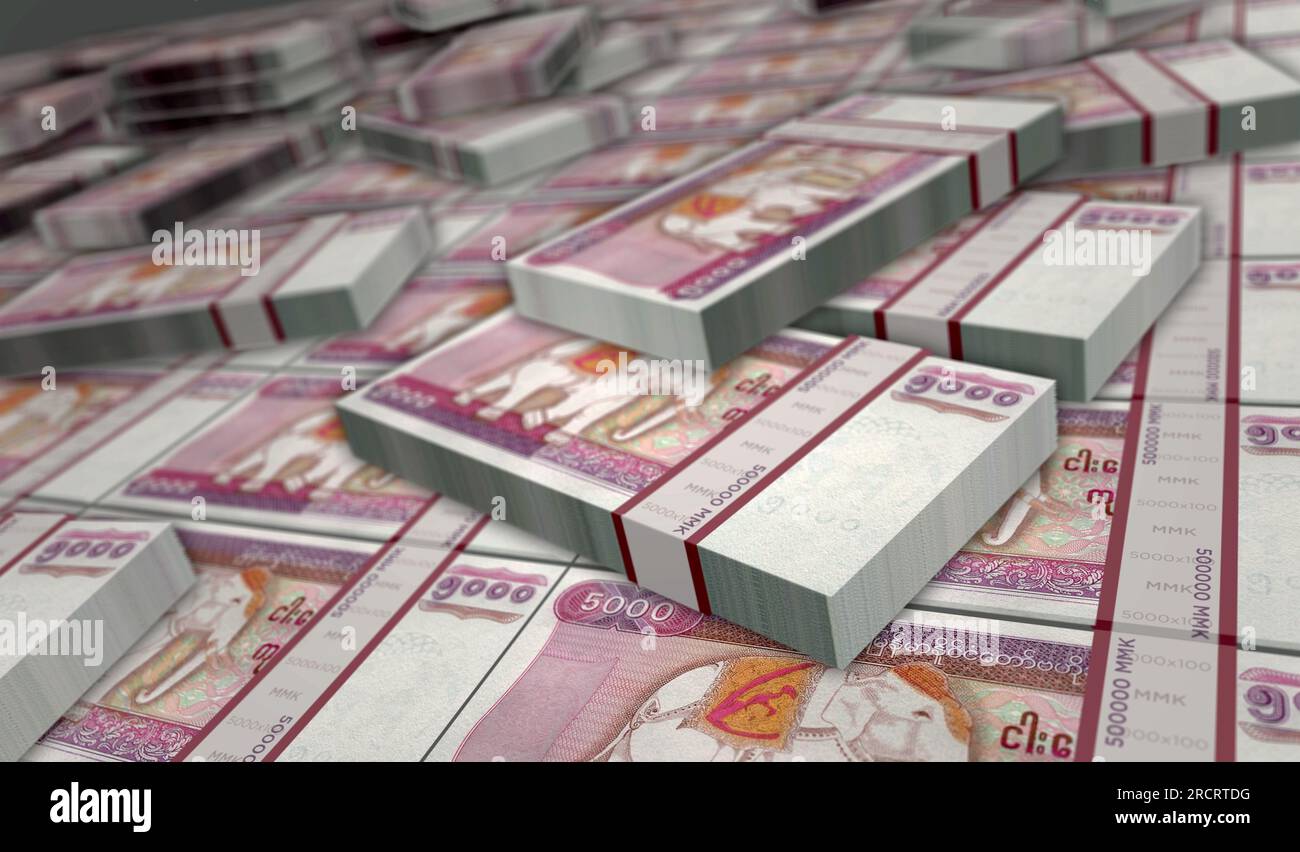 Burma Kyat Money Printing 3D Illustration. 5000-MMK-Banknotendruck. Finanzkonzept, Bargeld, Wirtschaftskrise, Geschäftserfolg, Rezession, bank, Steuer A Stockfoto