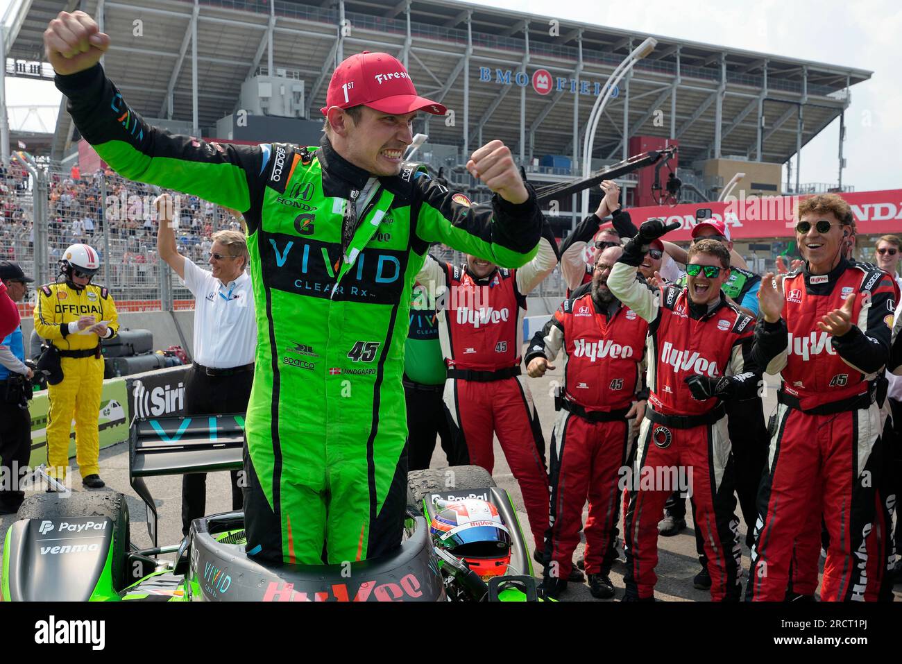 Toronto, Kanada. 16. Juli 2023. Rahal Letterman Lanigan Racing Fahrer Christian Lundgaard aus Dänemark feiert seinen Sieg bei der Honda Indy 2023 in Toronto, Sonntag, den 16. Juli 2023. Kredit: Die Kanadische Presse/Alamy Live News Stockfoto