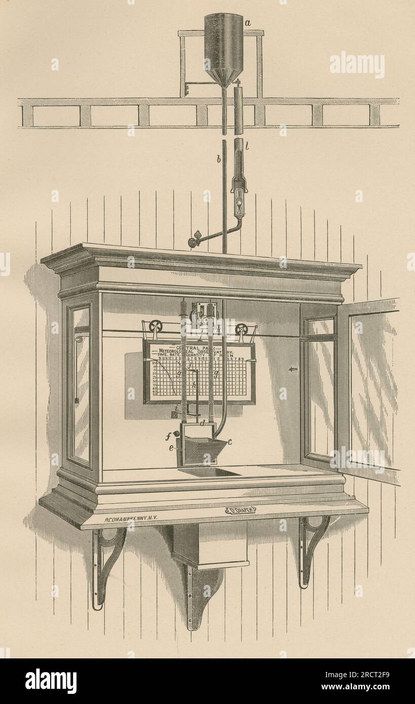 Antike 1878-Gravur aus dem Jahresbericht des New Yorker Meteorologischen Observatoriums von Daniel Draper, die Draper's Regen- und Schneemesser zeigt. QUELLE: ORIGINALGRAVIERUNG Stockfoto