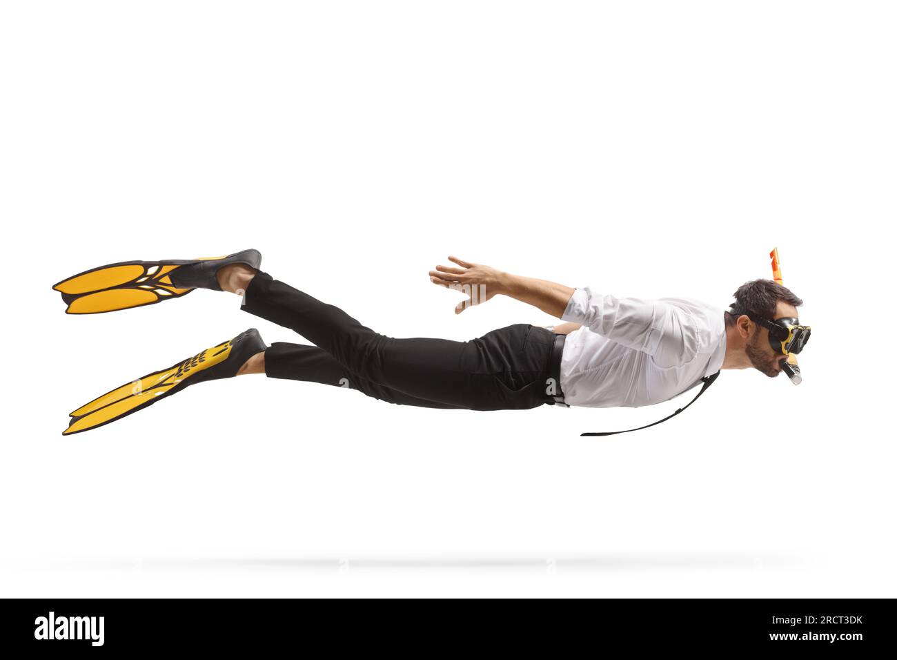 Taucher für Geschäftsreisende mit Schnorchelmaske und Flossen isoliert auf weißem Hintergrund Stockfoto