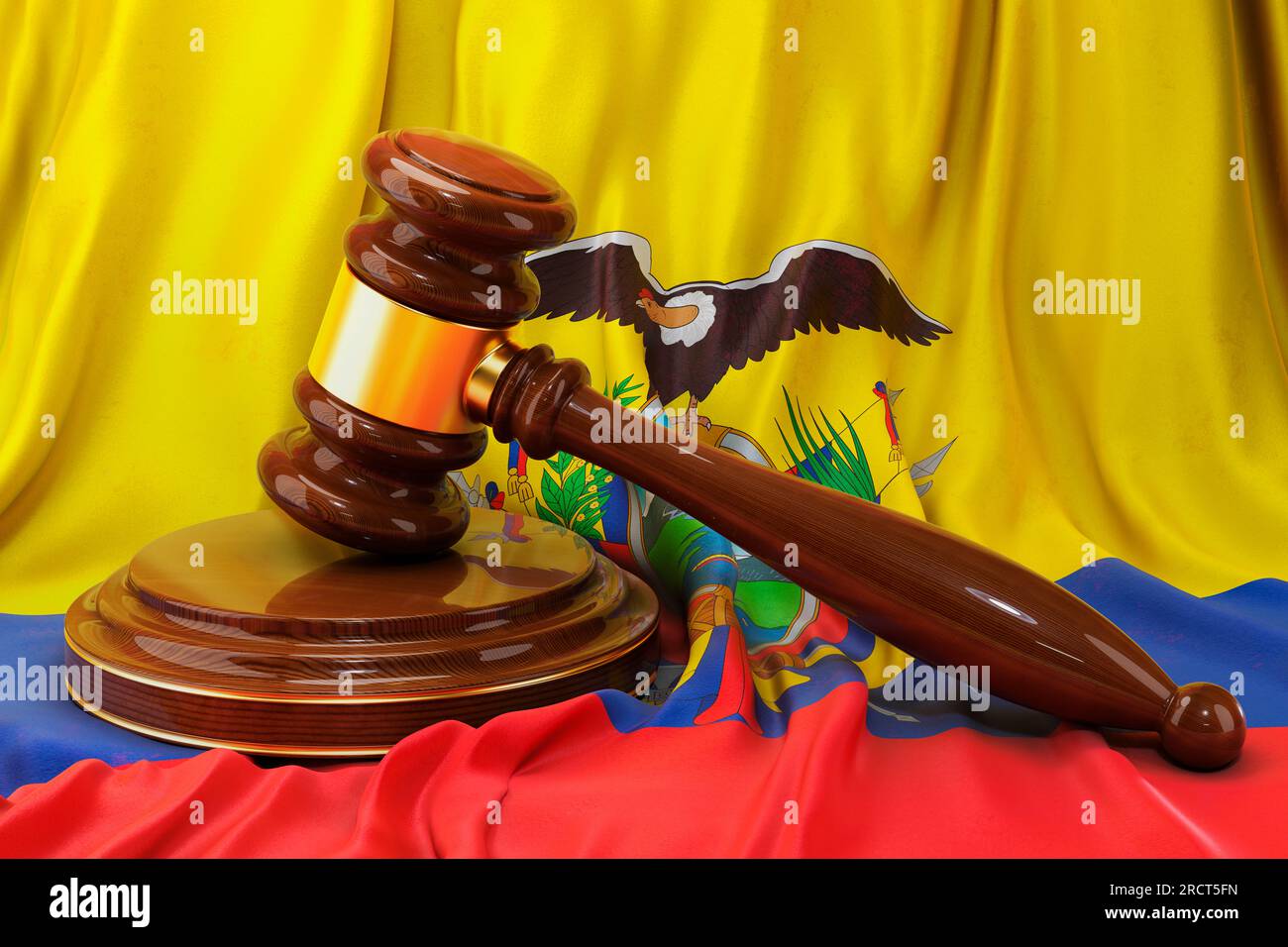 Ecuadorianisches Rechts- und Justizkonzept. Holzhammer auf der Flagge Ecuadors, 3D-Darstellung Stockfoto