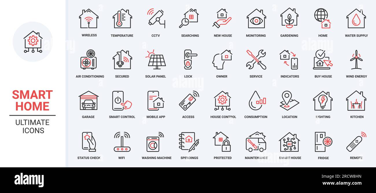 Vektordarstellung rote schwarze dünne Linien Symbole setzen Smart-Home-Geräte, Virtual-Reality-Technologie, autonome Beleuchtungsautomatisierungssoftware zur Steuerung des Temperaturhauses, Klimaanlagendrohne Stock Vektor