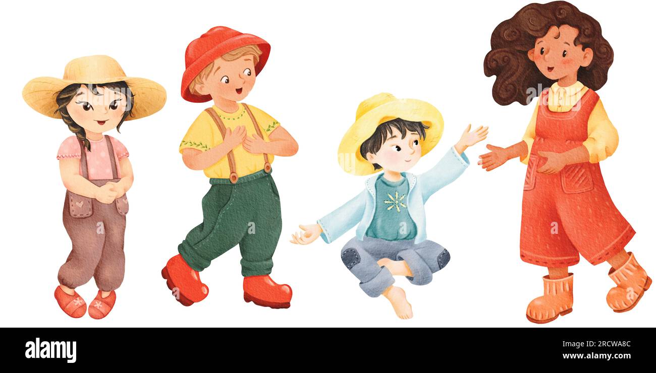 Kinder: afroamerikanische und asiatische Mädchen und Jungen. Farmer in orangefarbenen Gummistiefeln. Aquarell isolierte Illustrationen im Cartoon-Stil. Kinder Stockfoto