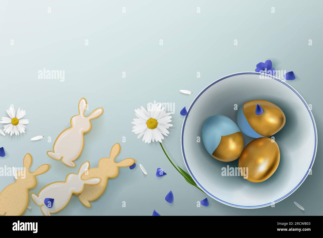 Poster mit goldenen Eiern in einer Keramikschüssel mit Blumen und Keksen in Form von Hasen im Hintergrund. Osterdekoration auf blauem Hintergrund. Stock Vektor