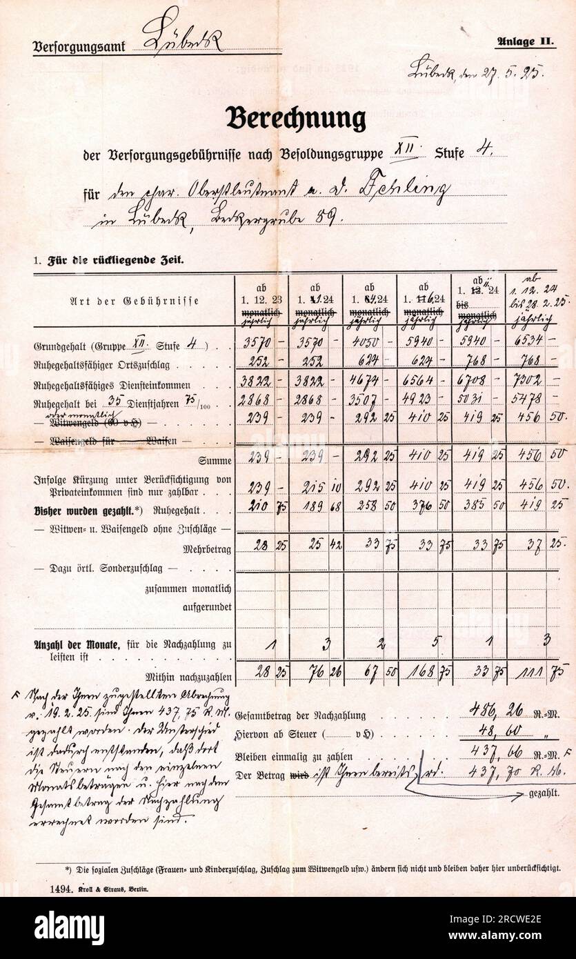 Unterlagen, Berechnung der Pensionskosten nach Gehaltsgruppe XII, Grad 4, ZUSÄTZLICHE-RECHTE-CLEARING-INFO-NOT-AVAILABLE Stockfoto