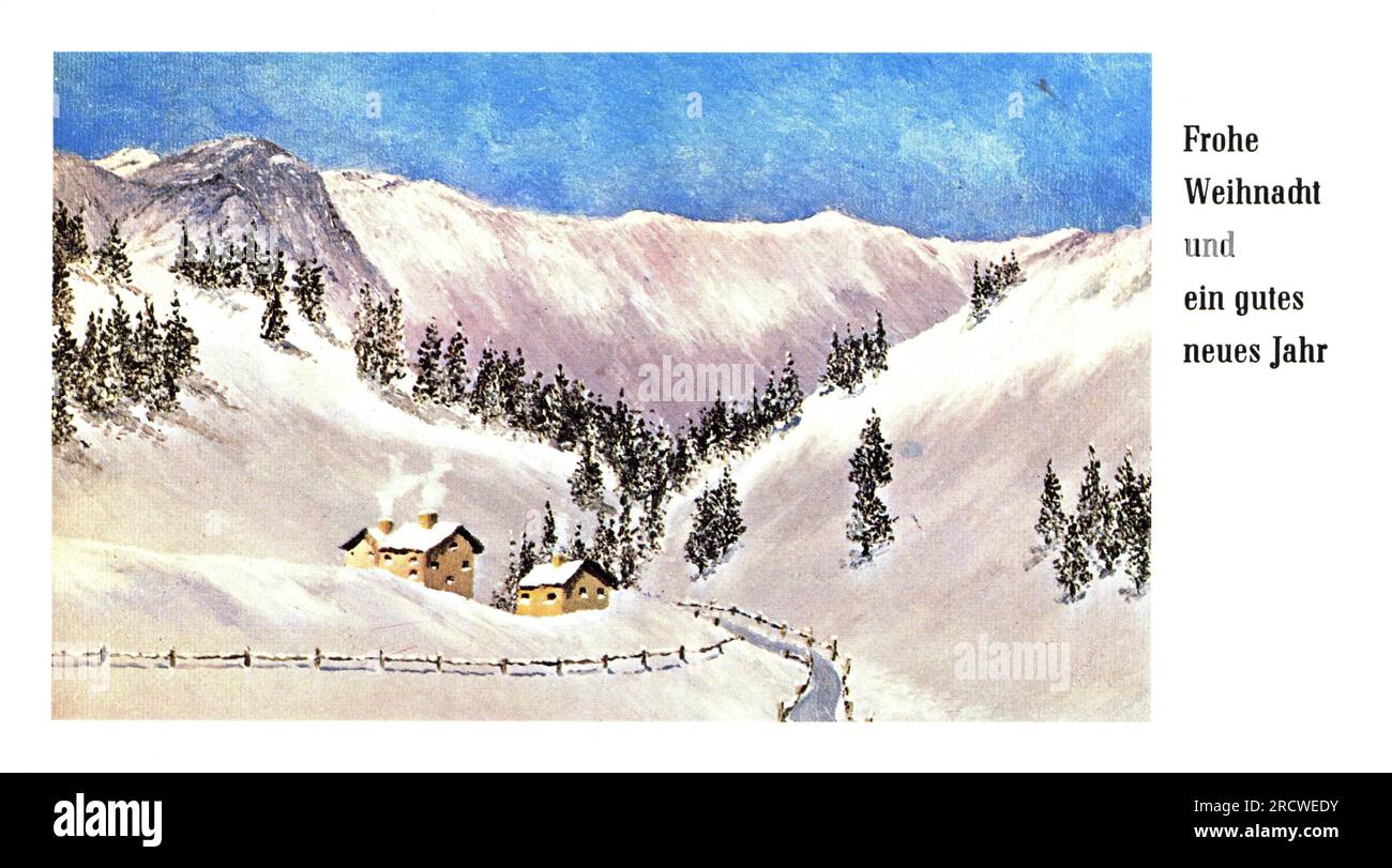 Weihnachten, Grußkarte, 'Verschneites Tal' (Snowy Valley), Gemälde, Mund gemalt von K. Kyriacou, ZUSÄTZLICHE-RECHTE-FREIGABE-INFO-NICHT-VERFÜGBAR Stockfoto