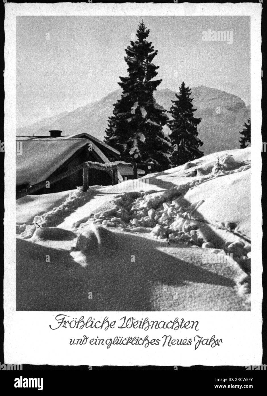 Weihnachten, Grußkarte, schneebedeckte Landschaft, 20. Jahrhundert, ZUSÄTZLICHE-RECHTE-FREIGABE-INFO-NICHT-VERFÜGBAR Stockfoto