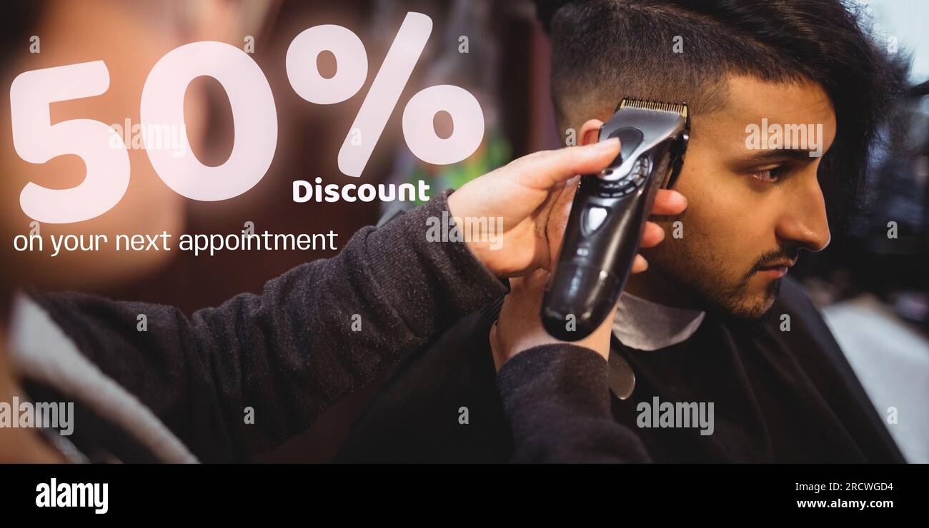 Text mit 50 % Rabatt für verschiedene männliche und weibliche Friseurhaare Stockfoto