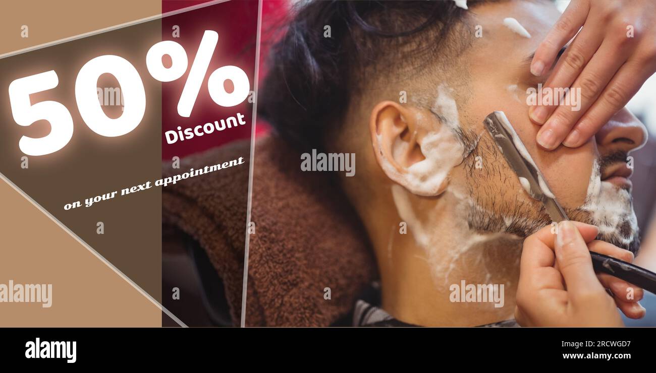 Text für 50 % Rabatt mit verschiedenen Nassrasiergesichten für männliche und weibliche Friseurinnen Stockfoto