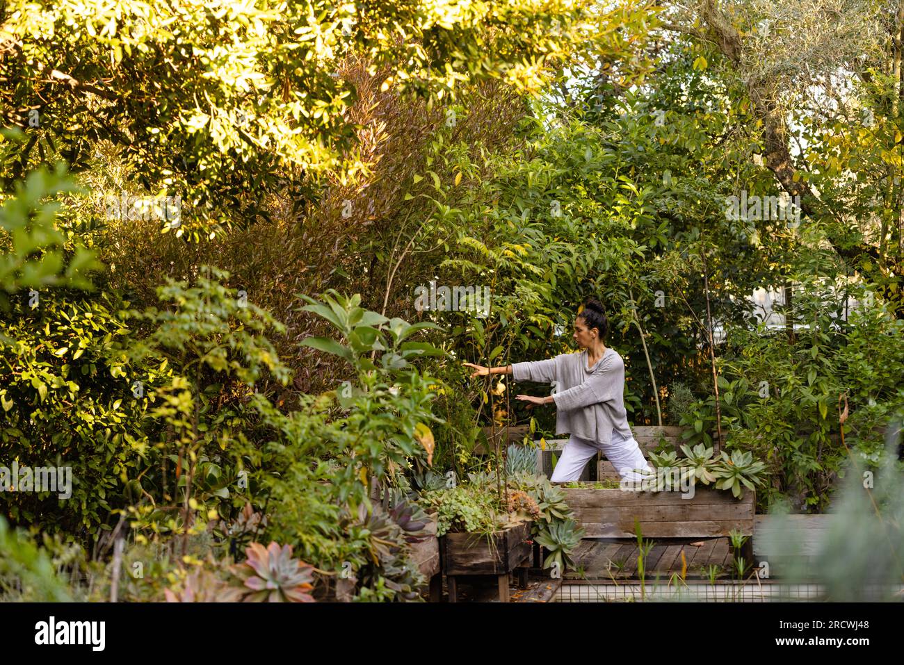 Eine birassische Frau, die Yoga macht, auf der Terrasse meditiert, im Garten kopiert Stockfoto