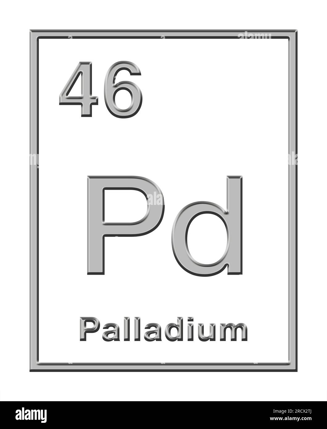Palladium, chemisches Element, aus dem Periodensystem entnommen, mit Reliefform. Edelmetall mit chemischem Symbol Pd und Atomzahl 46. Stockfoto