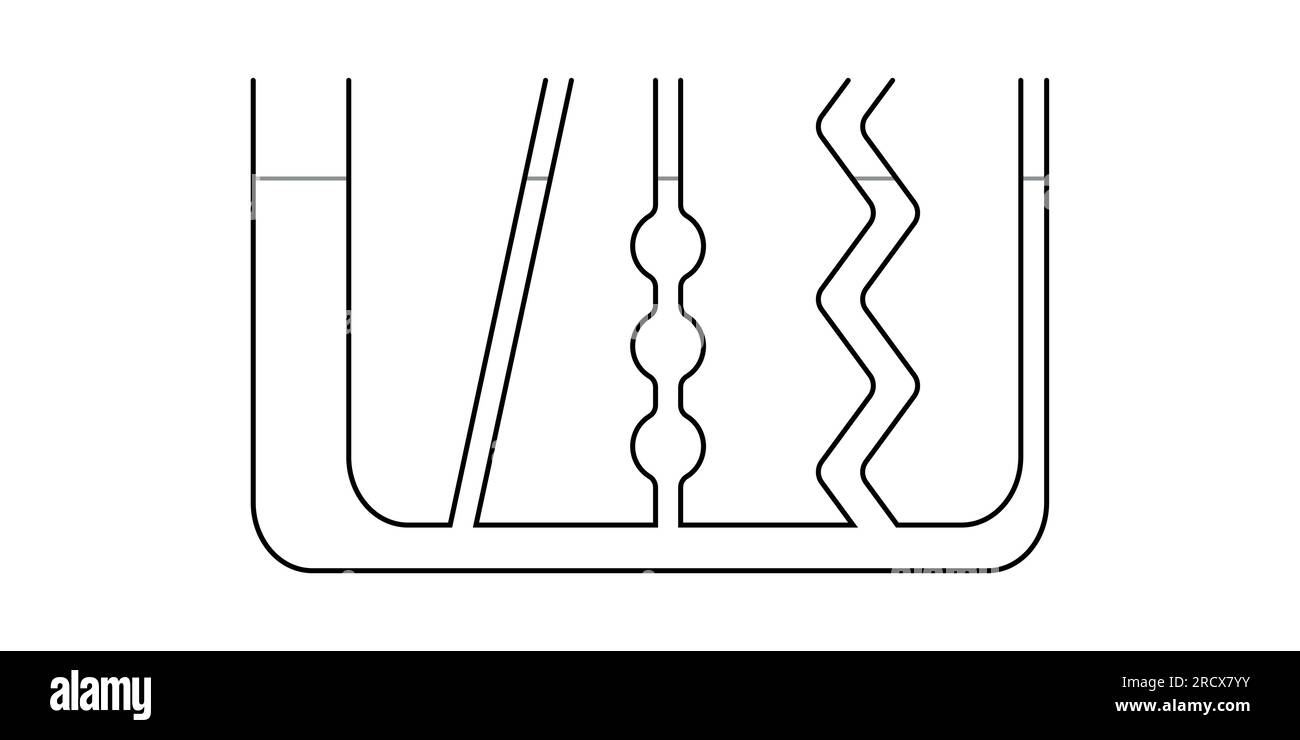 Experiment mit kommunizierenden Gefäßen. Diagramm der verbundenen Schiffe. Vektordarstellung isoliert auf weißem Hintergrund. Stock Vektor