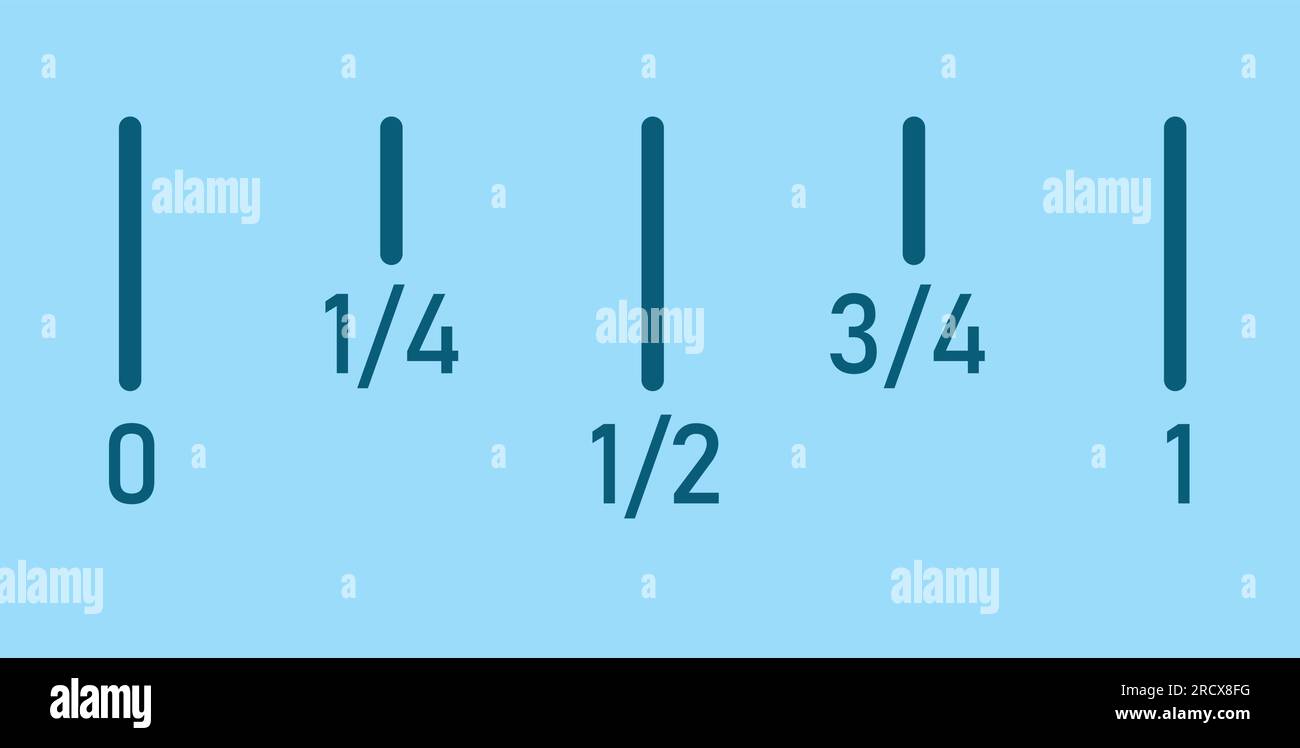 Bruchzahlenlinie in der Mathematik. Teilen Sie 0 bis 1 in 4 gleiche Teile auf. Vektordarstellung auf blauem Hintergrund isoliert. Stock Vektor