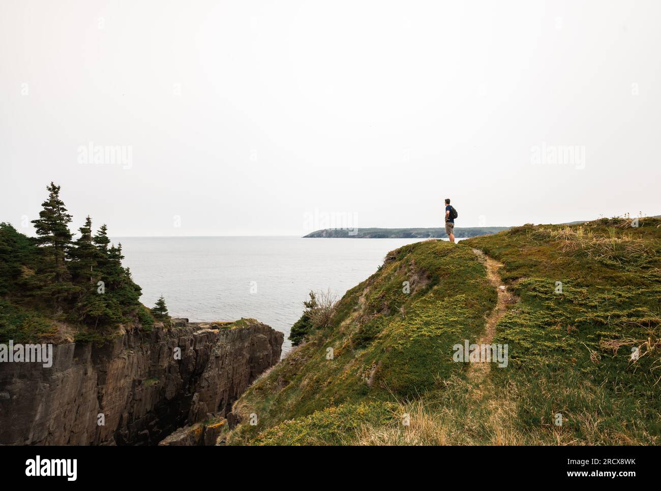 Mann steht auf einem Hügel mit Blick auf den Ozean in Neufundland. Stockfoto