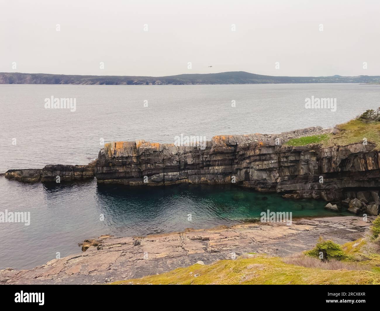 Blick auf die zerklüftete felsige Küste von Neufundland am bewölkten Tag. Stockfoto