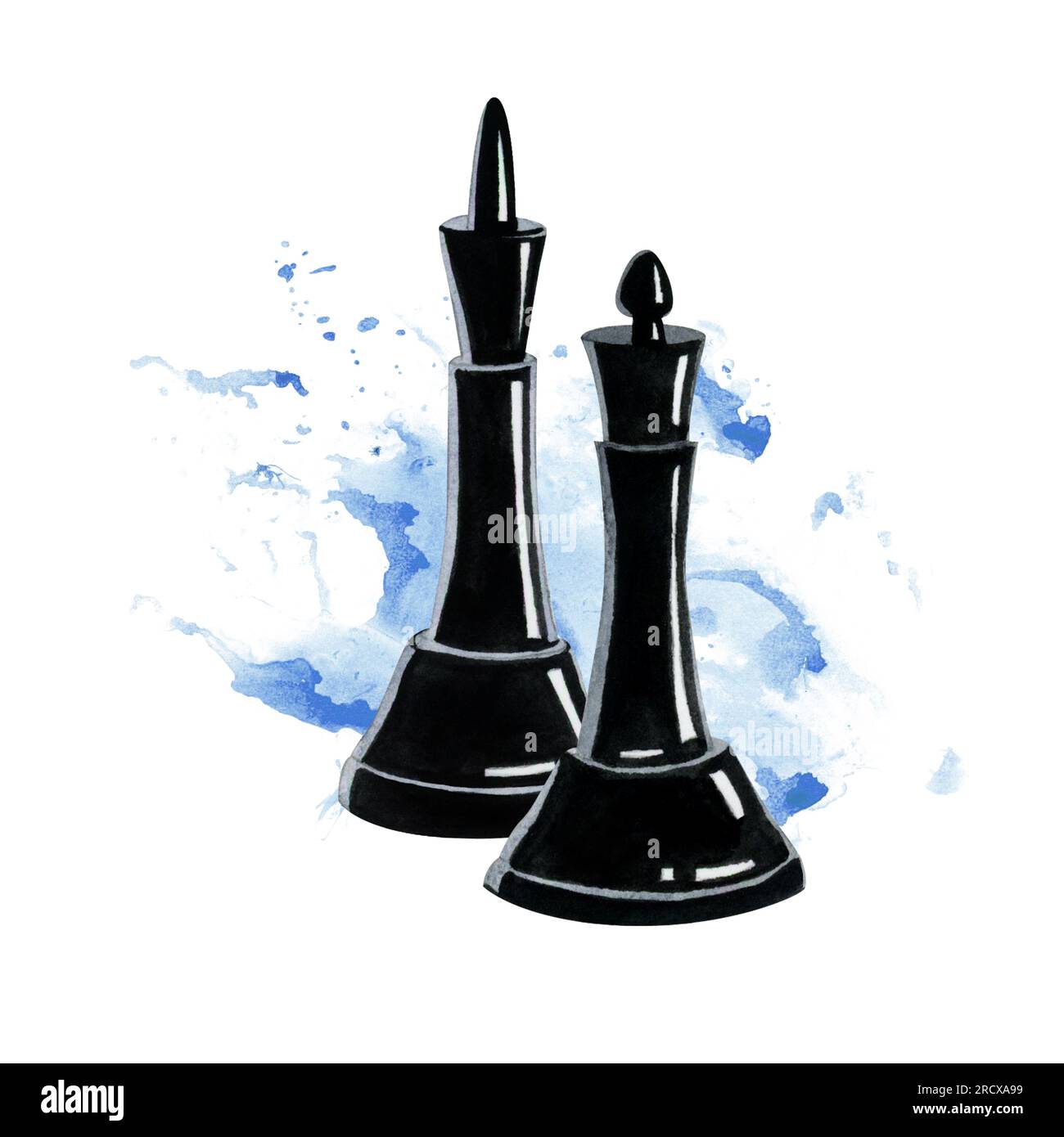 Aquarell schwarze King- und Queen-Schachfiguren auf blauer Farbe spritzen Illustration für intellektuelle Brettspiele Stockfoto