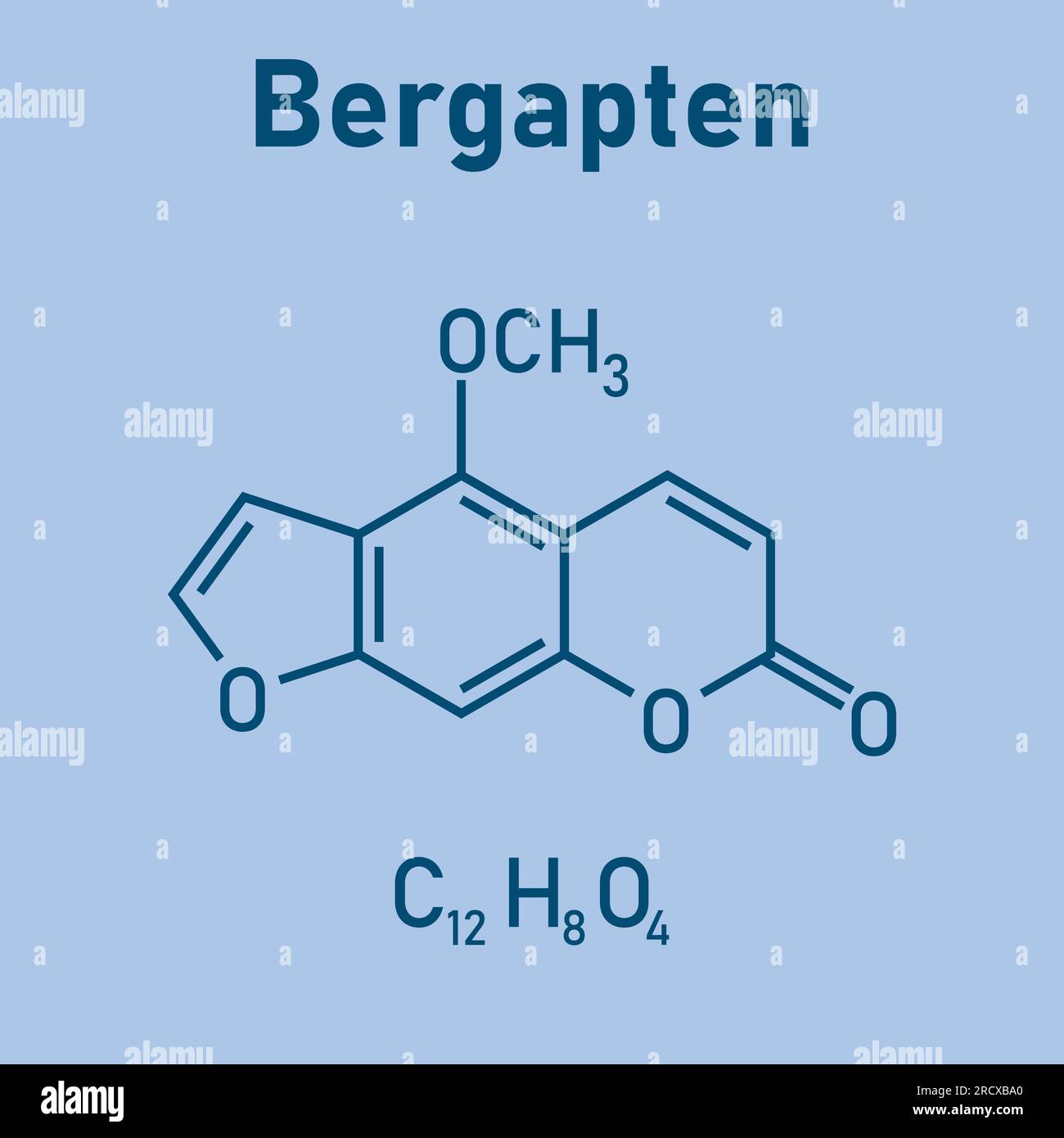 Die chemische Struktur von Bergapten (C12H8O4). Chemische Ressourcen für Lehrer und Schüler. Vektordarstellung isoliert auf weißem Hintergrund. Stock Vektor