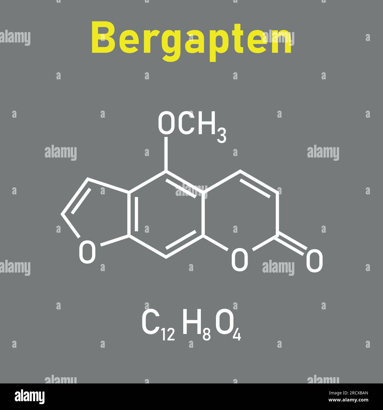 Die chemische Struktur von Bergapten (C12H8O4). Chemische Ressourcen für Lehrer und Schüler. Vektordarstellung isoliert auf weißem Hintergrund. Stock Vektor